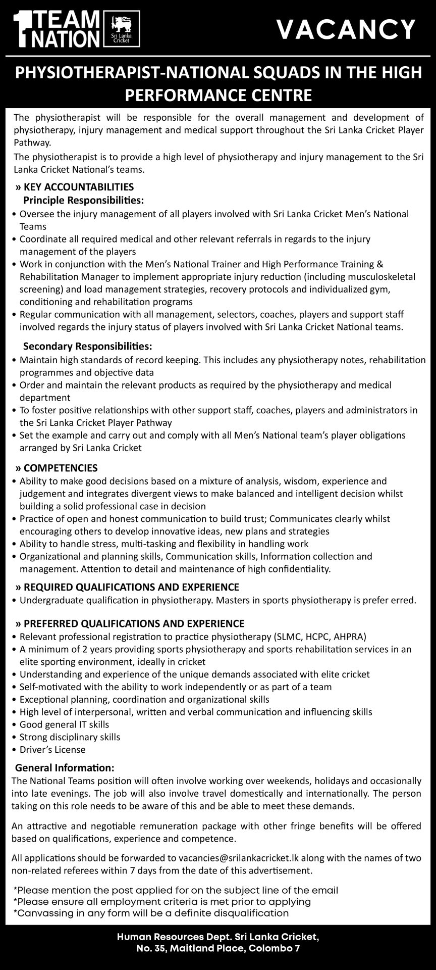 Physiotherapist - Sri Lanka Cricket