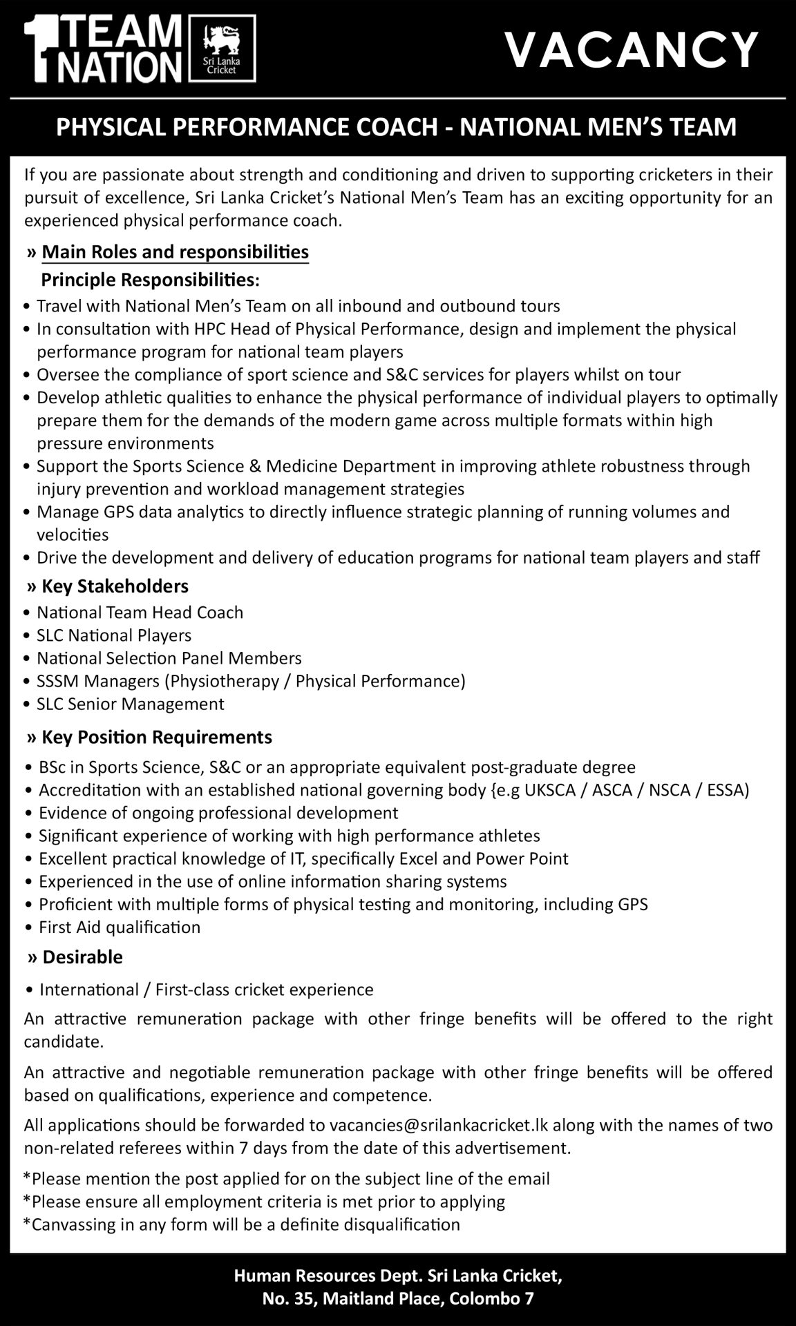 Physical Performance Coach - Sri Lanka Cricket