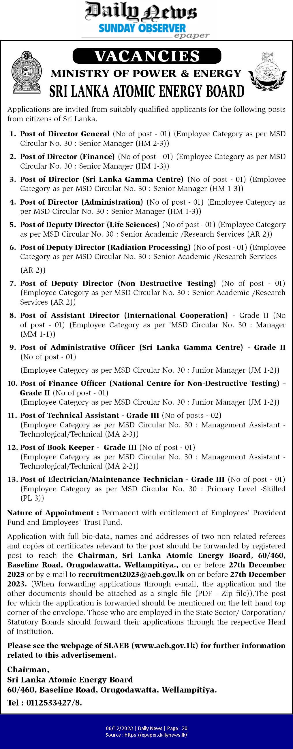 Director General, Director, Deputy Director, Assistant Director, Administrative Officer - Sri Lanka Atomic Energy Board