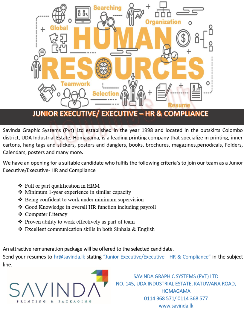 Junior Executive, Executive - Savinda Graphic Systems (Pvt) Ltd