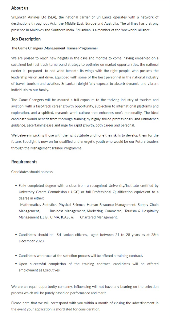 Management Trainee - SriLankan Airlines