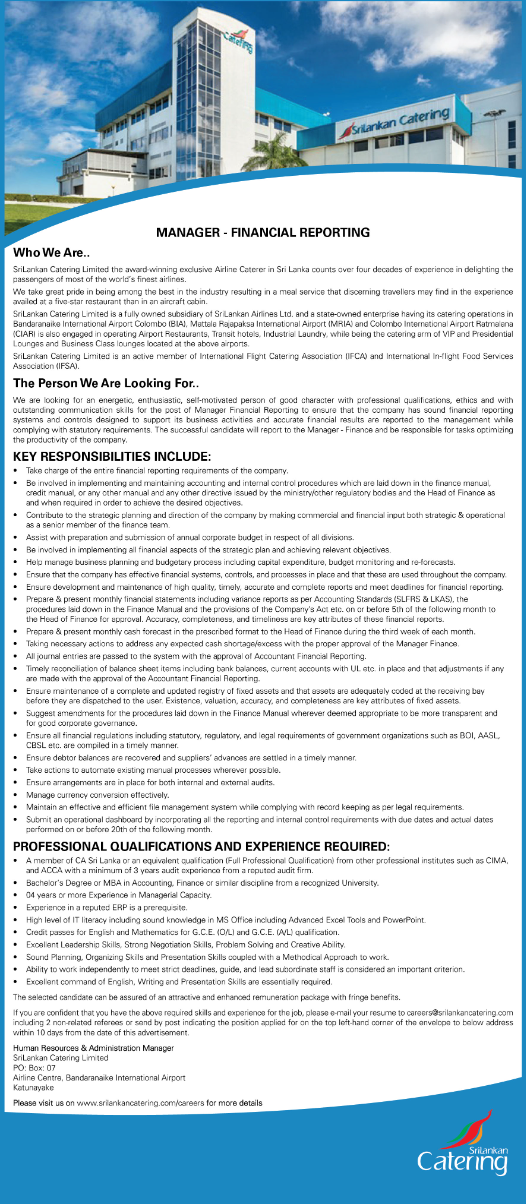 Manager - Sri Lankan Catering (Pvt) Ltd
