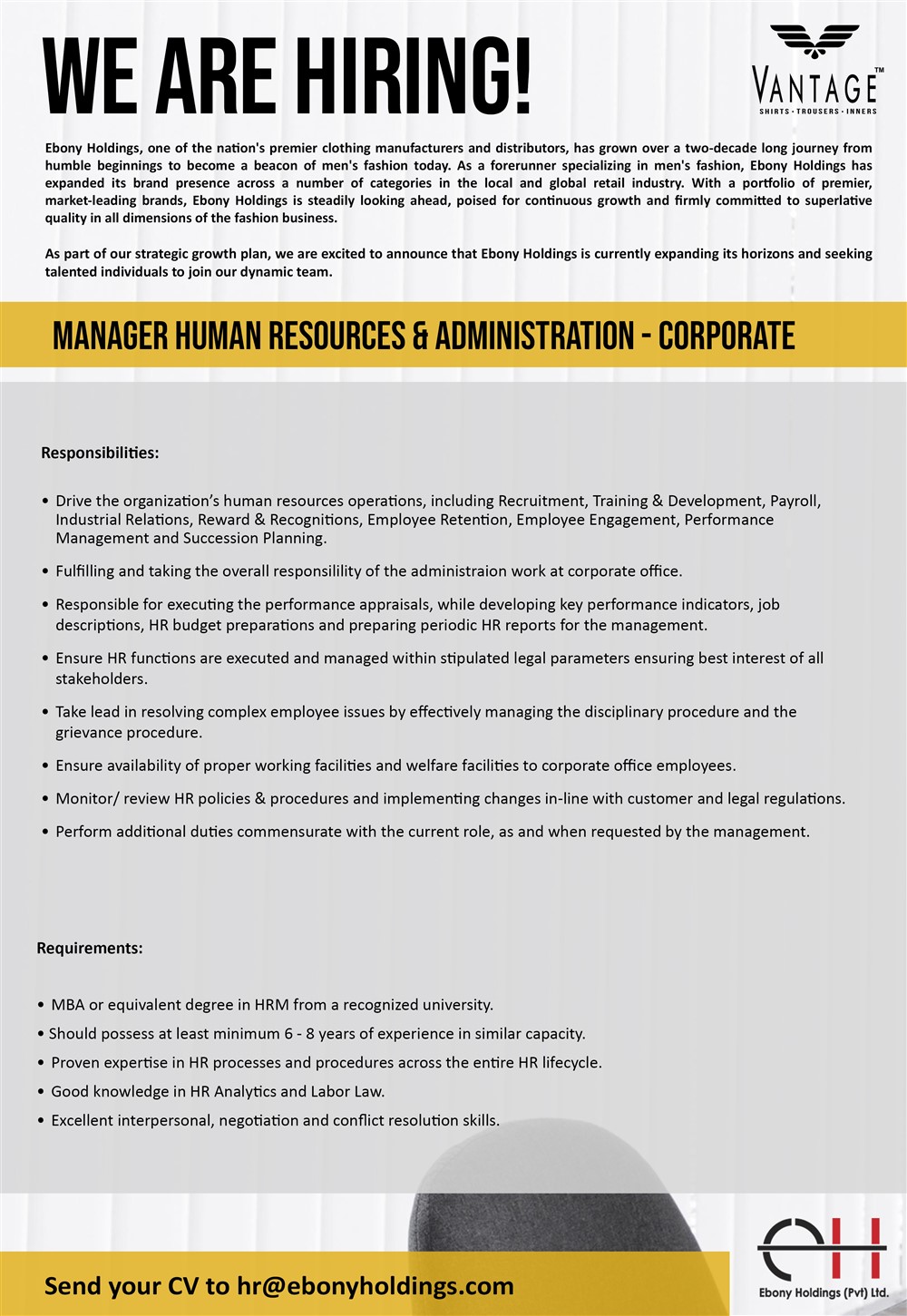 HR Manager - Ebony Holdings (Pvt) Ltd