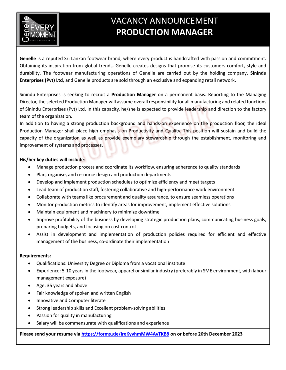 Production Manager - Sinindu Enterprises (Pvt) Ltd