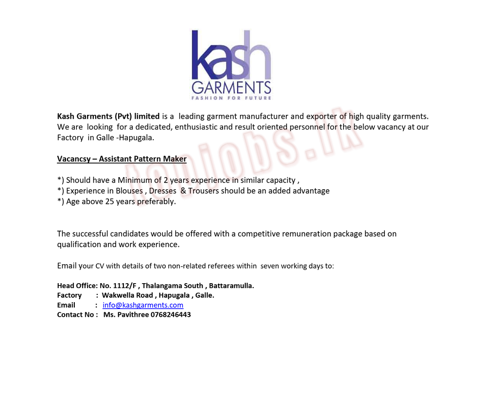 Assistant Pattern Maker - Kash Garments (Pvt) Ltd