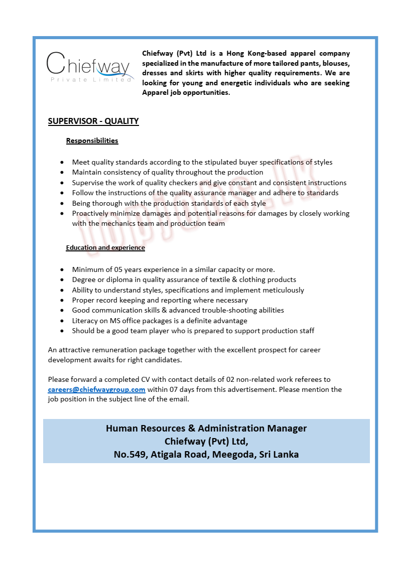 Supervisor - Chiefway (pvt) Ltd