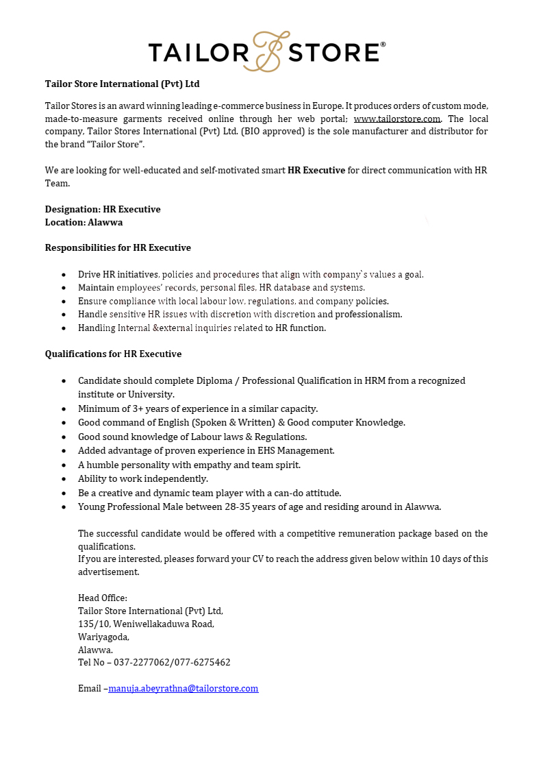 Human Resource Executive - Tailor Store International (Pvt) Ltd