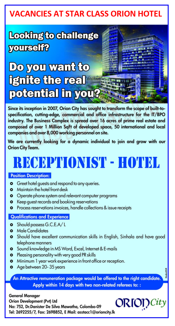 Receptionist - Orion Development (Pvt) Ltd