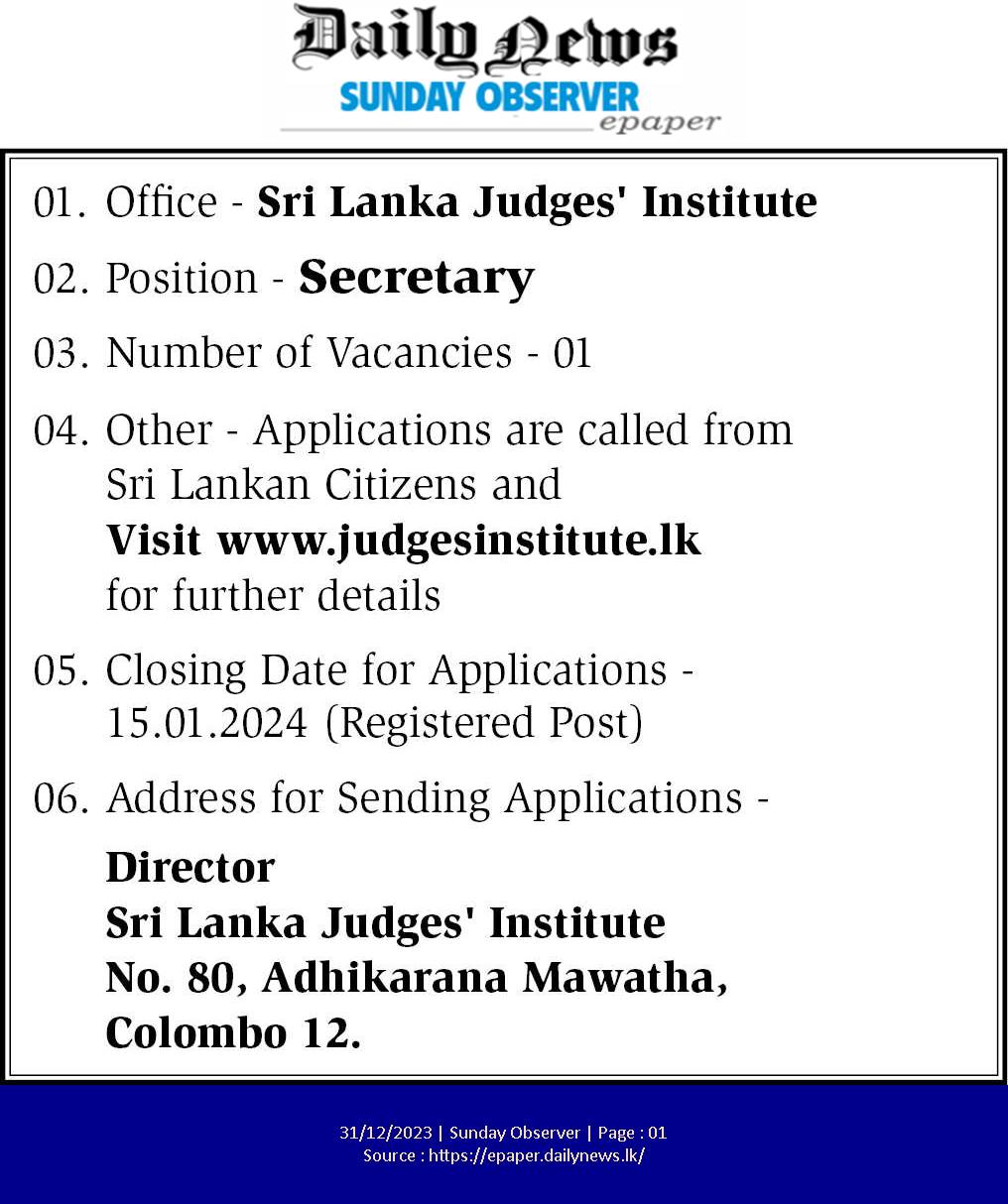 Secretary - Sri Lanka Judges' Institute