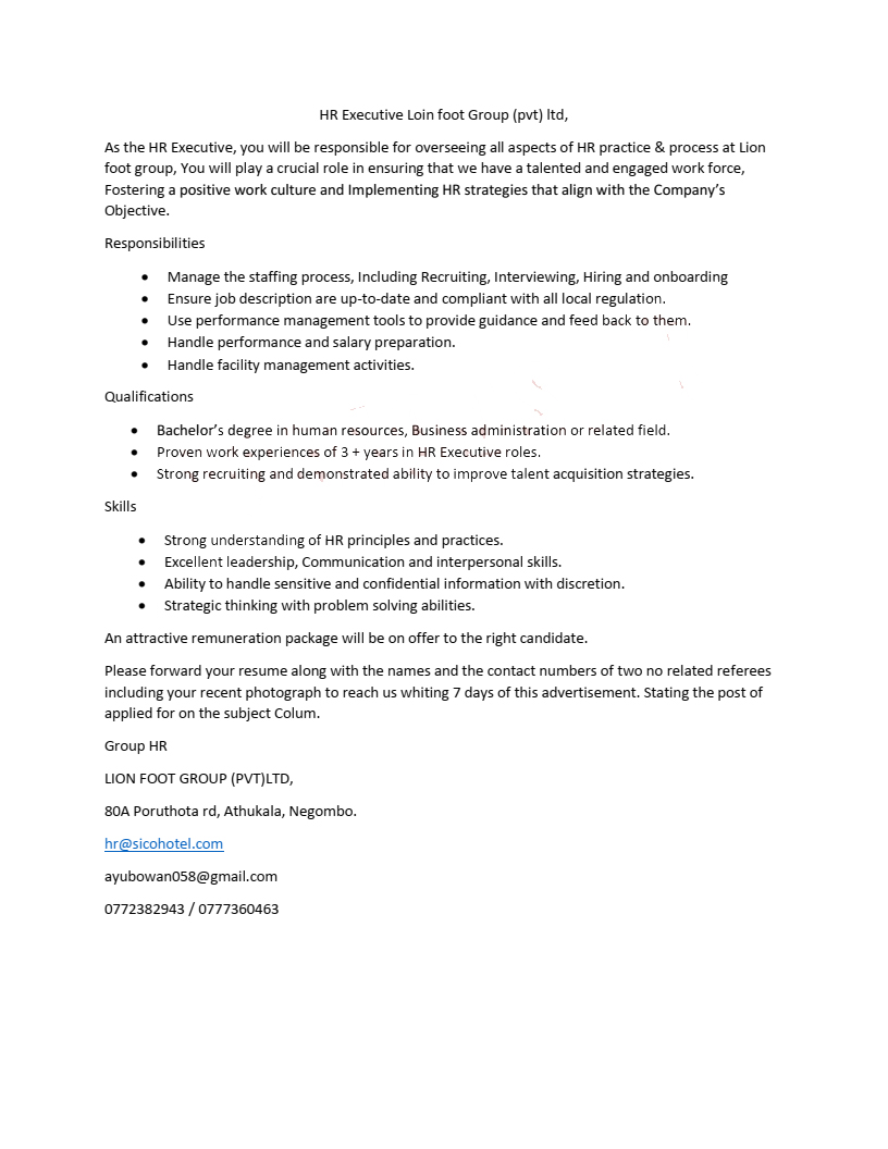 Human Resource Executive - Lion Foot Group (Pvt) Ltd