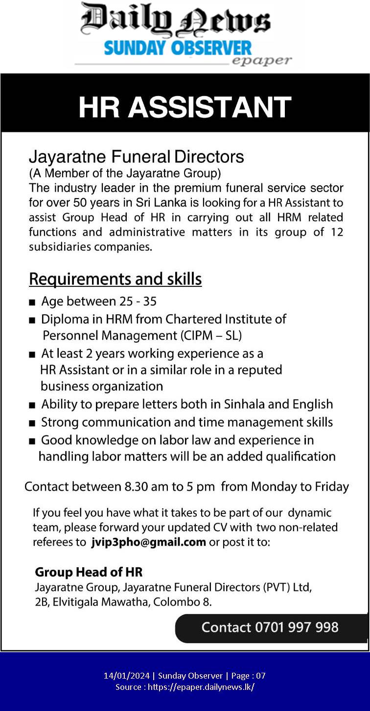 HR Assistant - Jayaratne Funeral Directors (Pvt) Ltd