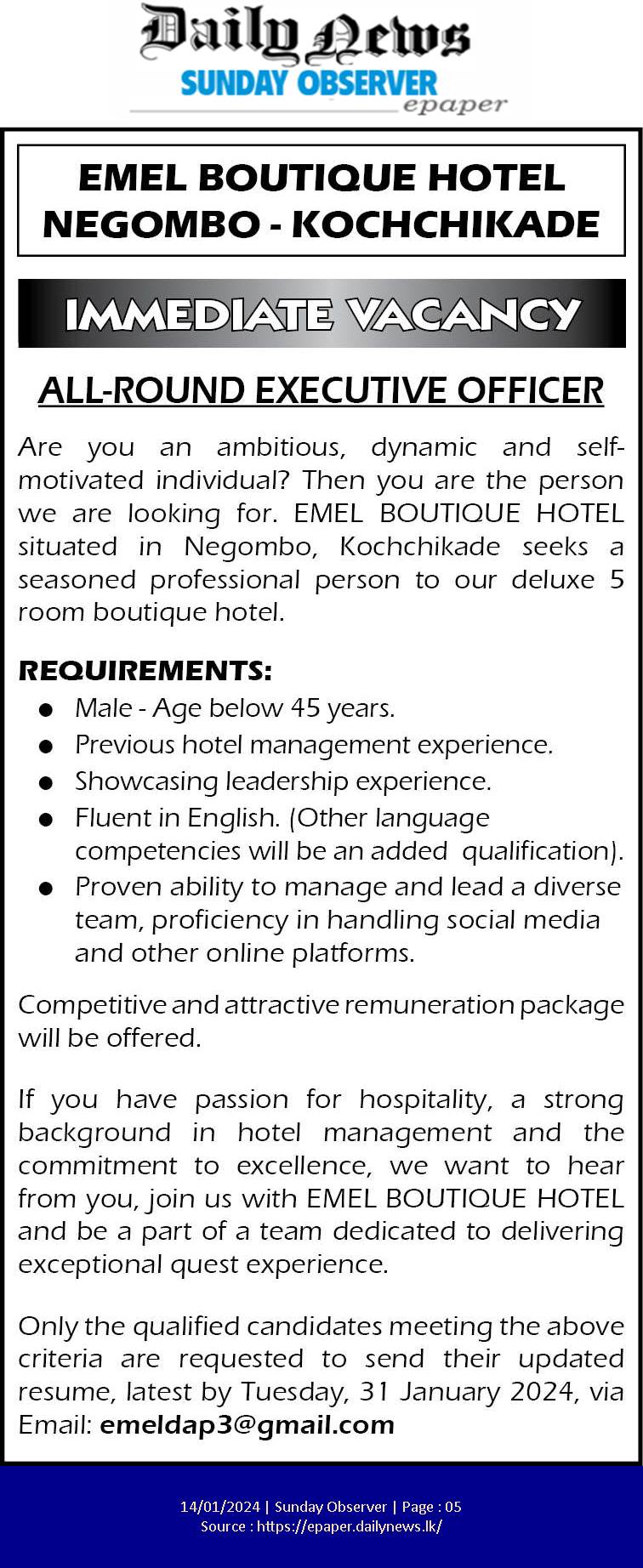 Executive Officer - Emel Boutique Hotel