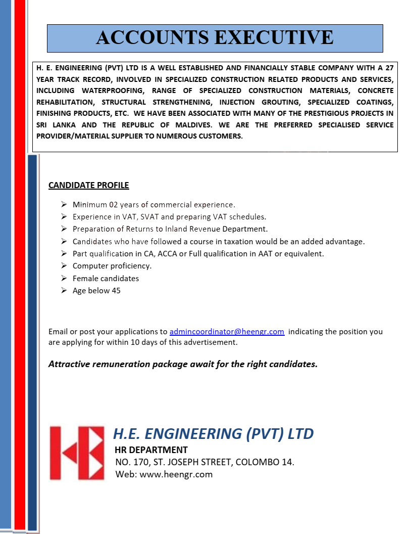 Accounts Executive - H E Engineering (Pvt) Ltd
