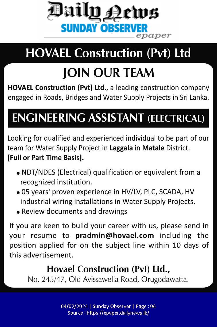 Engineering Assistant - Hovael Construction (Pvt) Ltd
