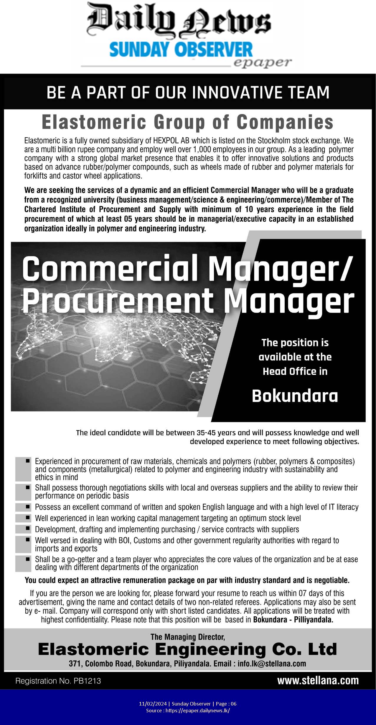 Commercial Manager Elastomeric Engineering Co Ltd Bokundara