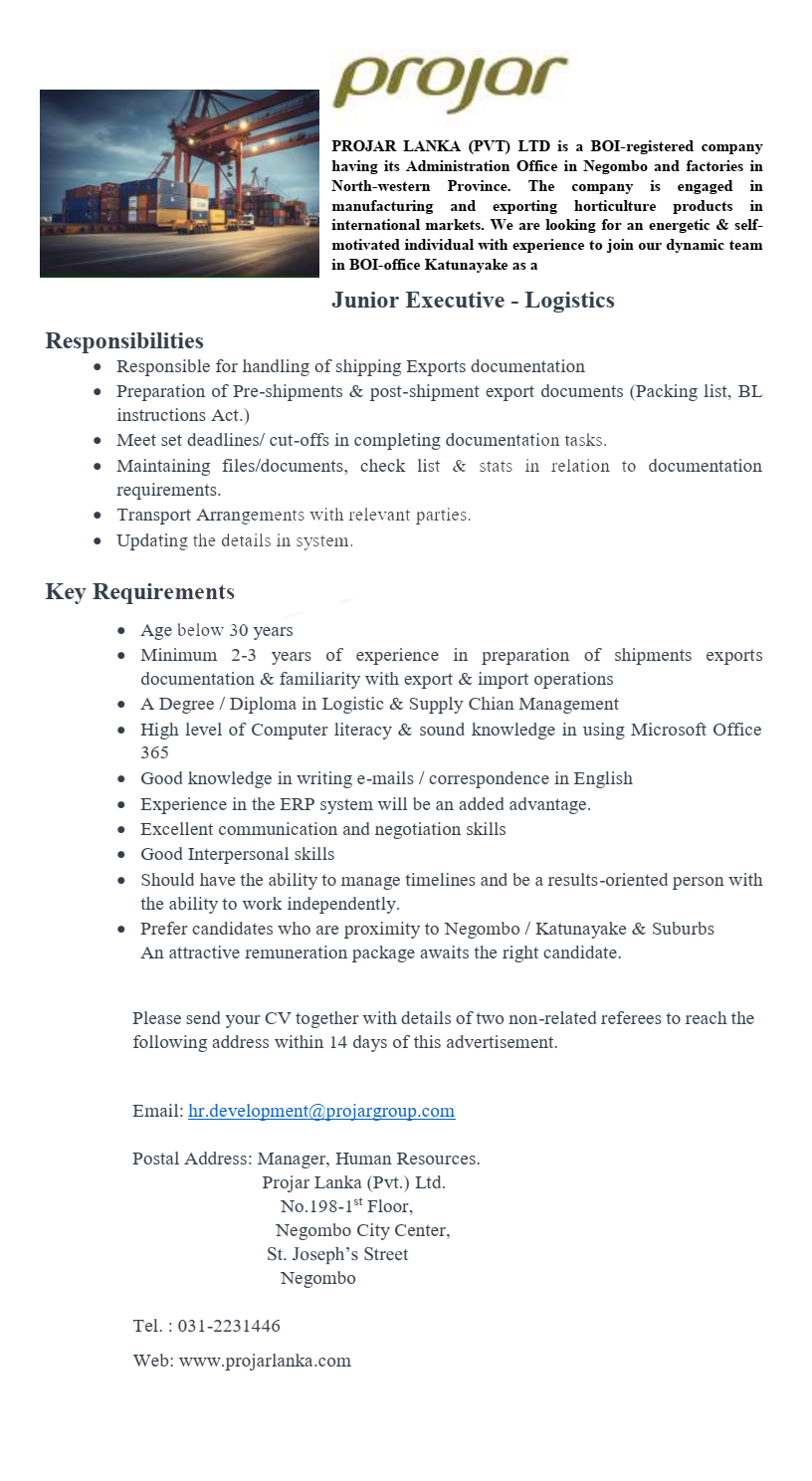 Junior Executive - Projar Lanka (Pvt) Ltd