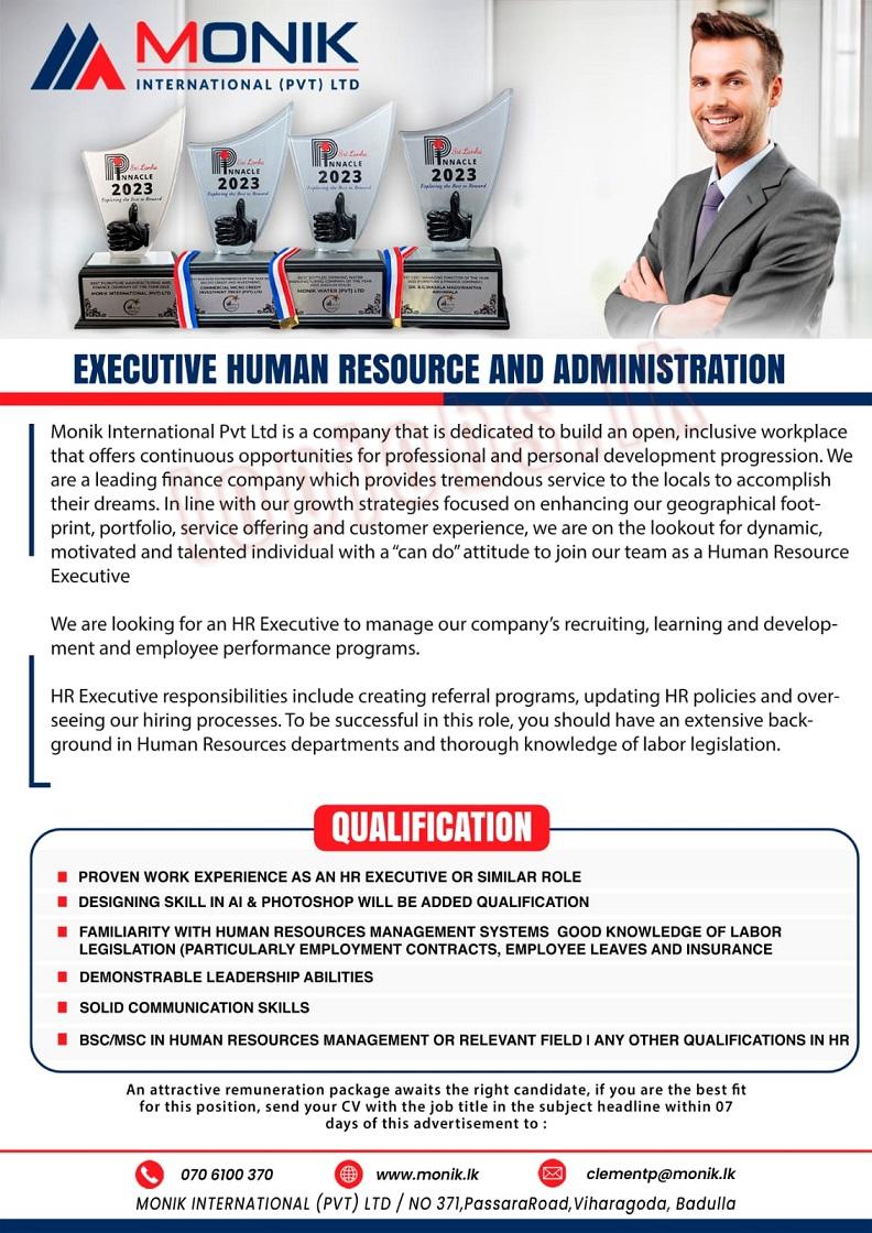 Human Resource Executive & Administration - Monik International (Pvt) Ltd