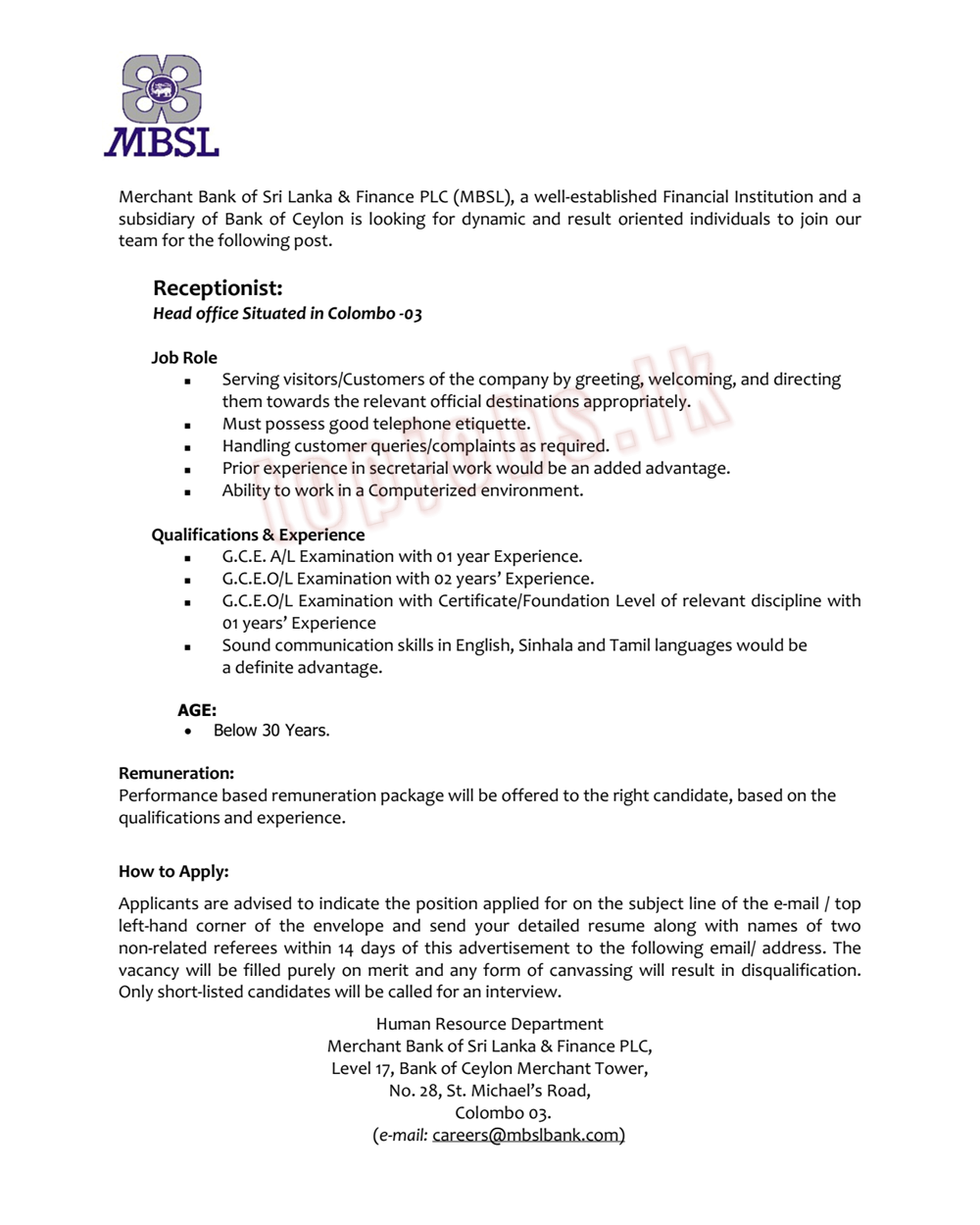 Receptionist - MBSL Insurance Company Limited
