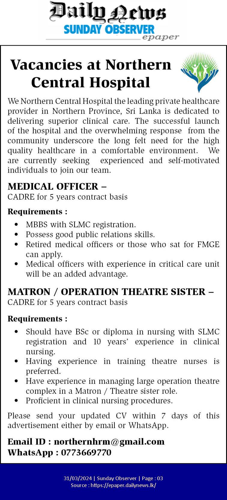 Medical Officer, Matron - Northern Central Hospitals (Pvt) Ltd