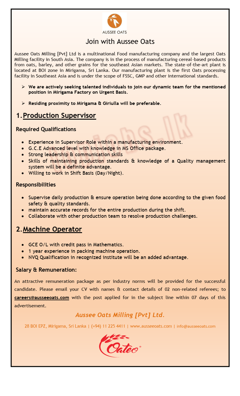 Production Supervisor - Aussee Oats Milling (Pvt) Ltd