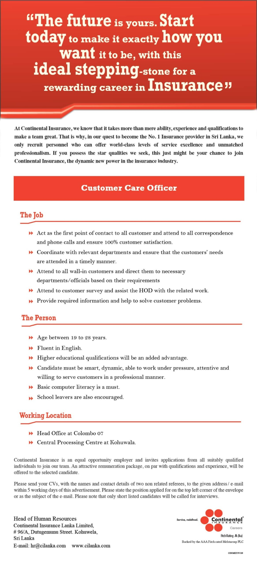 Customer Care Officer - Continental Insurance Lanka Limited