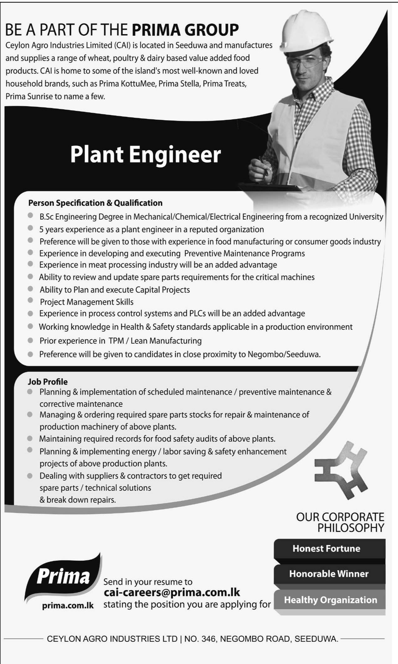 Plant Engineer - Ceylon Agro Industries Limited(CAI)