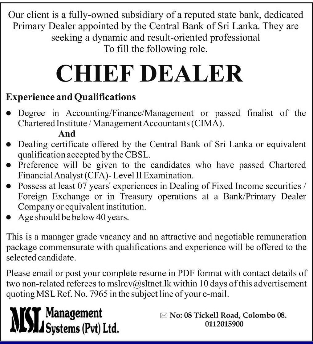 Chief Dealer - Management Systems (Pvt) Ltd