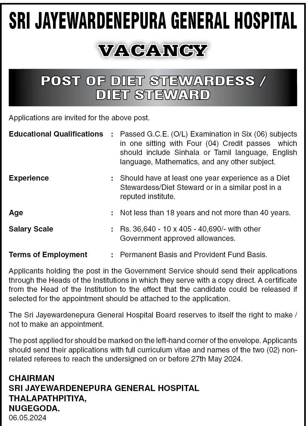 Diet Stewardess, Diet Steward - Sri Jayewardenepura General Hospital