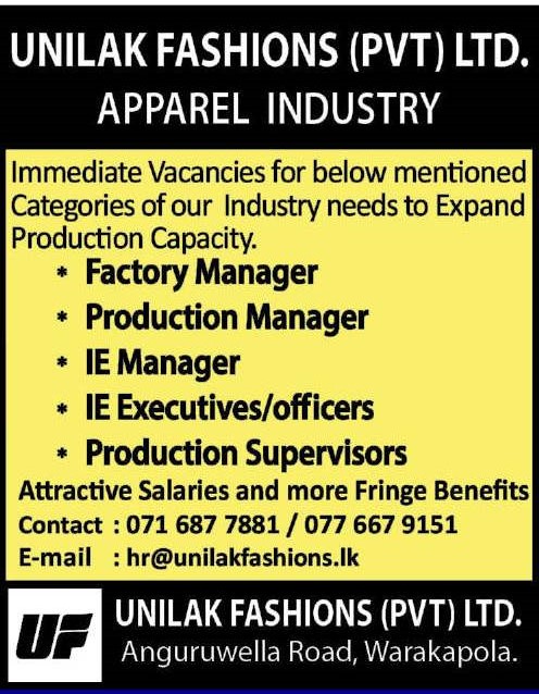 Factory Manager, Production Manager - Unilak Fashions (Pvt) Ltd