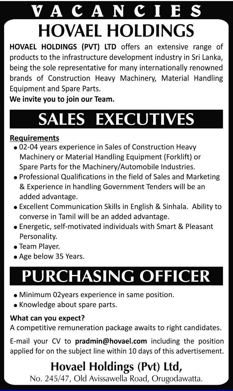 Sales Executive, Purchasing Officer - Hovael Construction (Pvt) Ltd