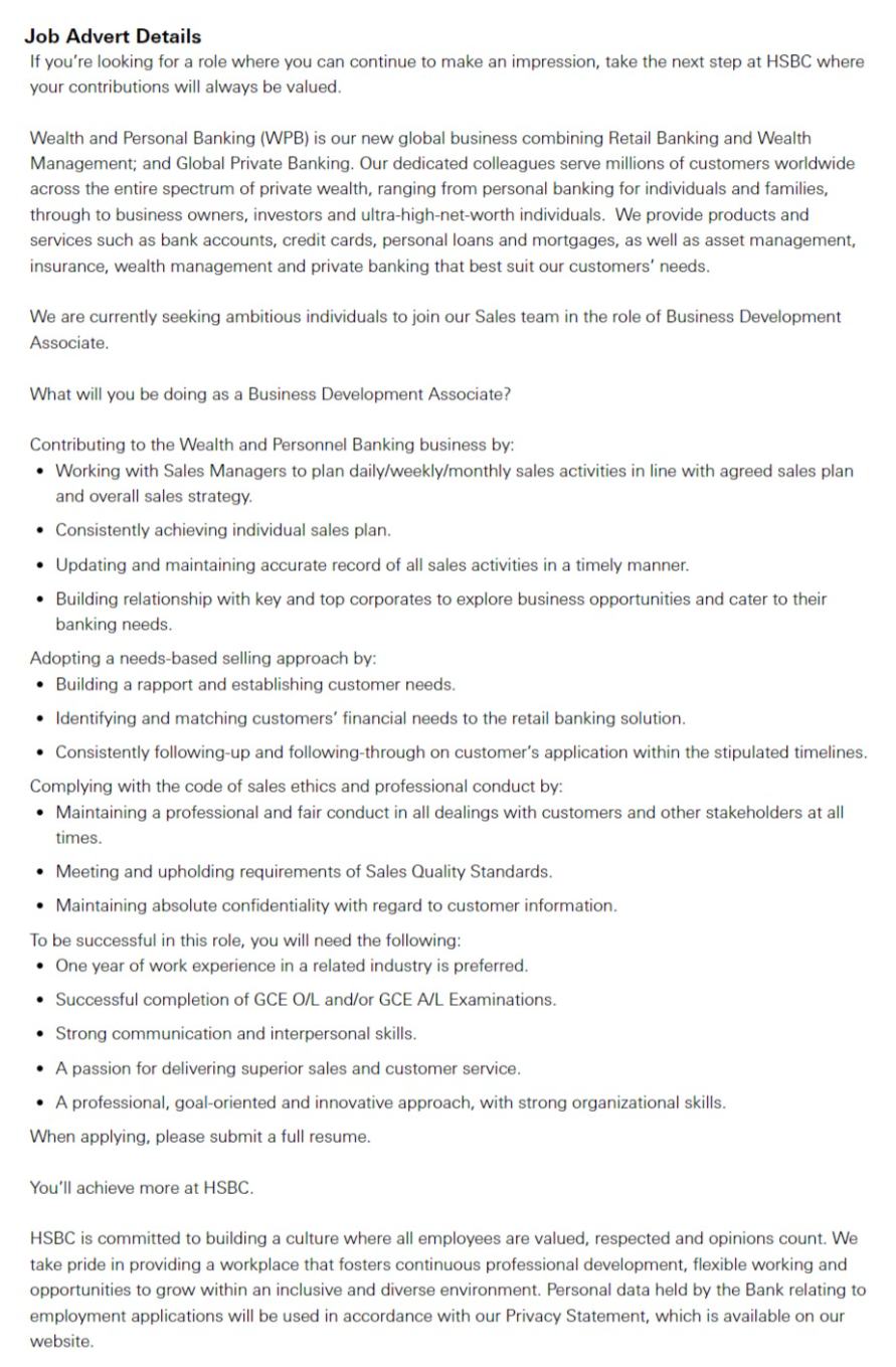 Business Development Associate - HSBC