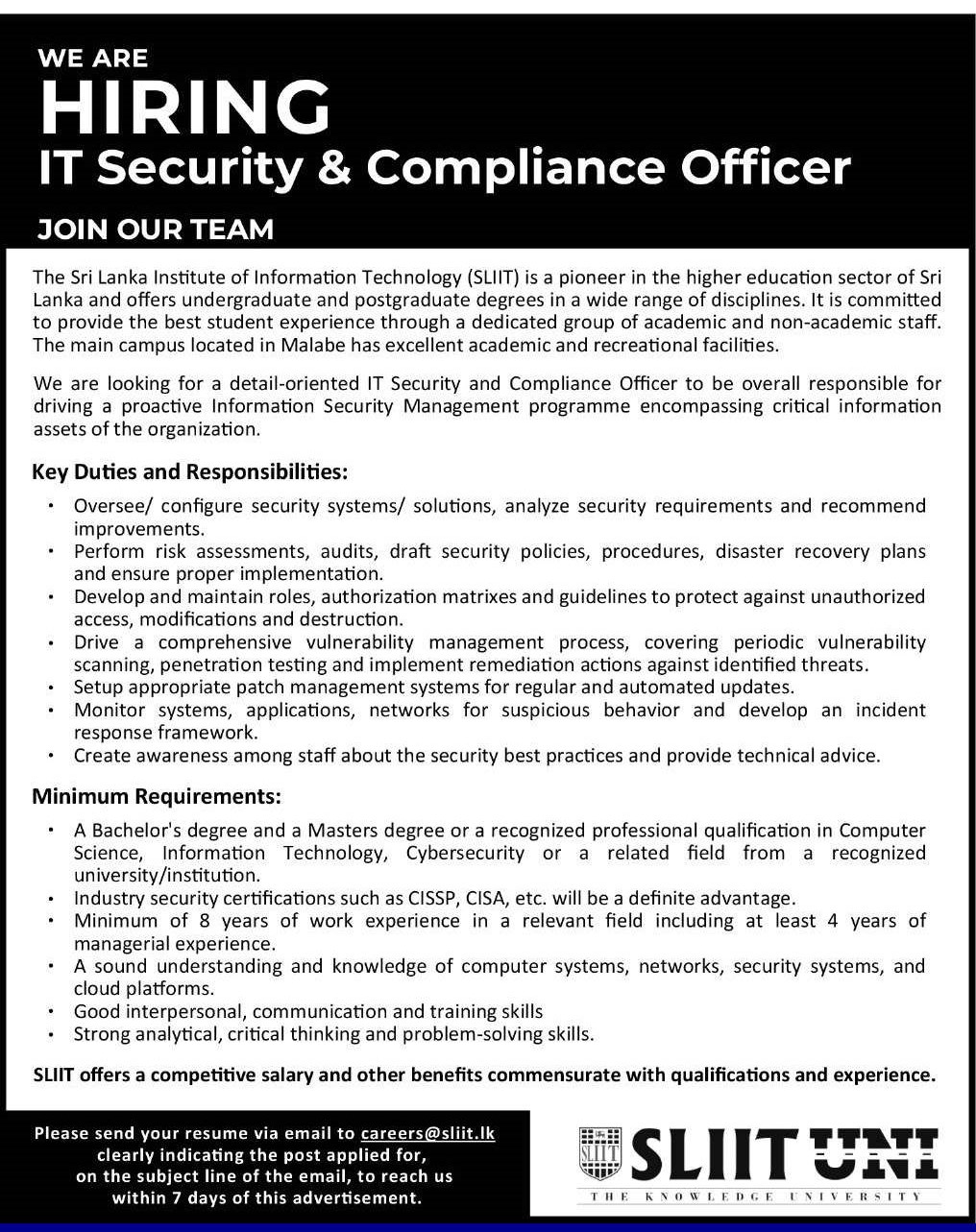 IT Security & Compliance Officer - Sri Lanka Institute of Information Technology