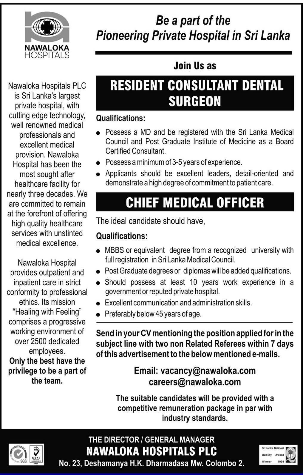 Chief Medical Officer, Dental Surgeon - Nawaloka Hospital PLC