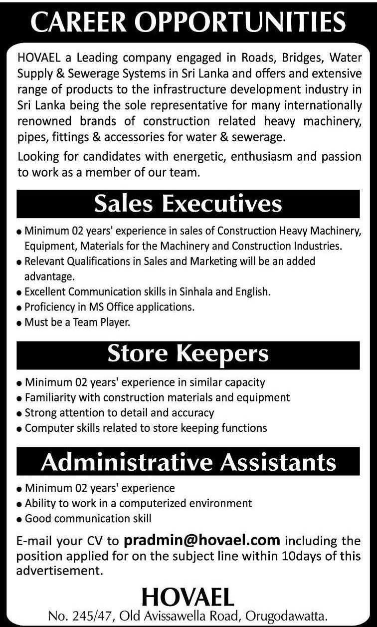 Sales Executive, Store Keeper, Administrative Assistant - Hovael Construction (Pvt) Ltd