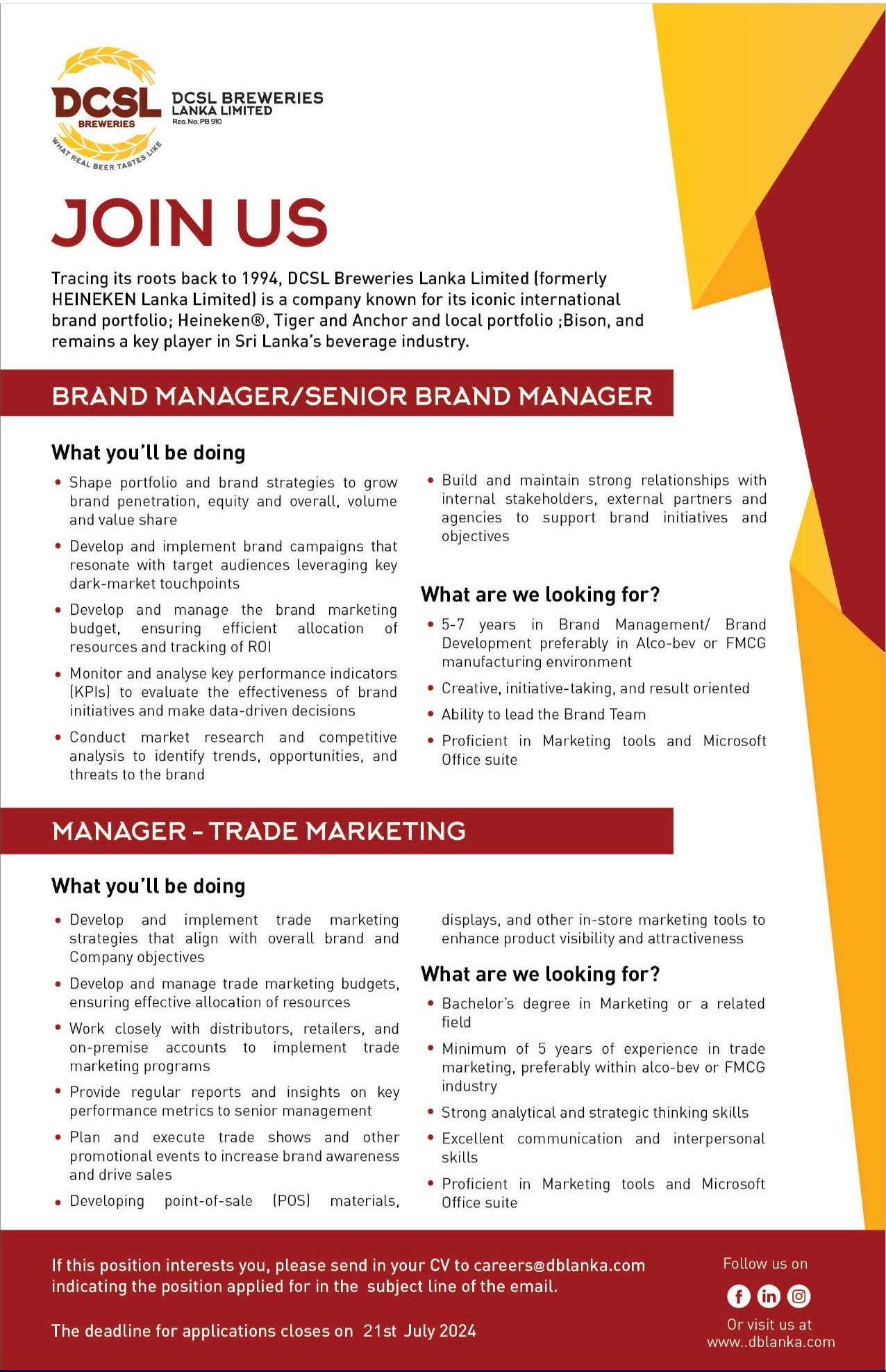 Brand Manager, Manager - DCSL Breweries Lanka Ltd