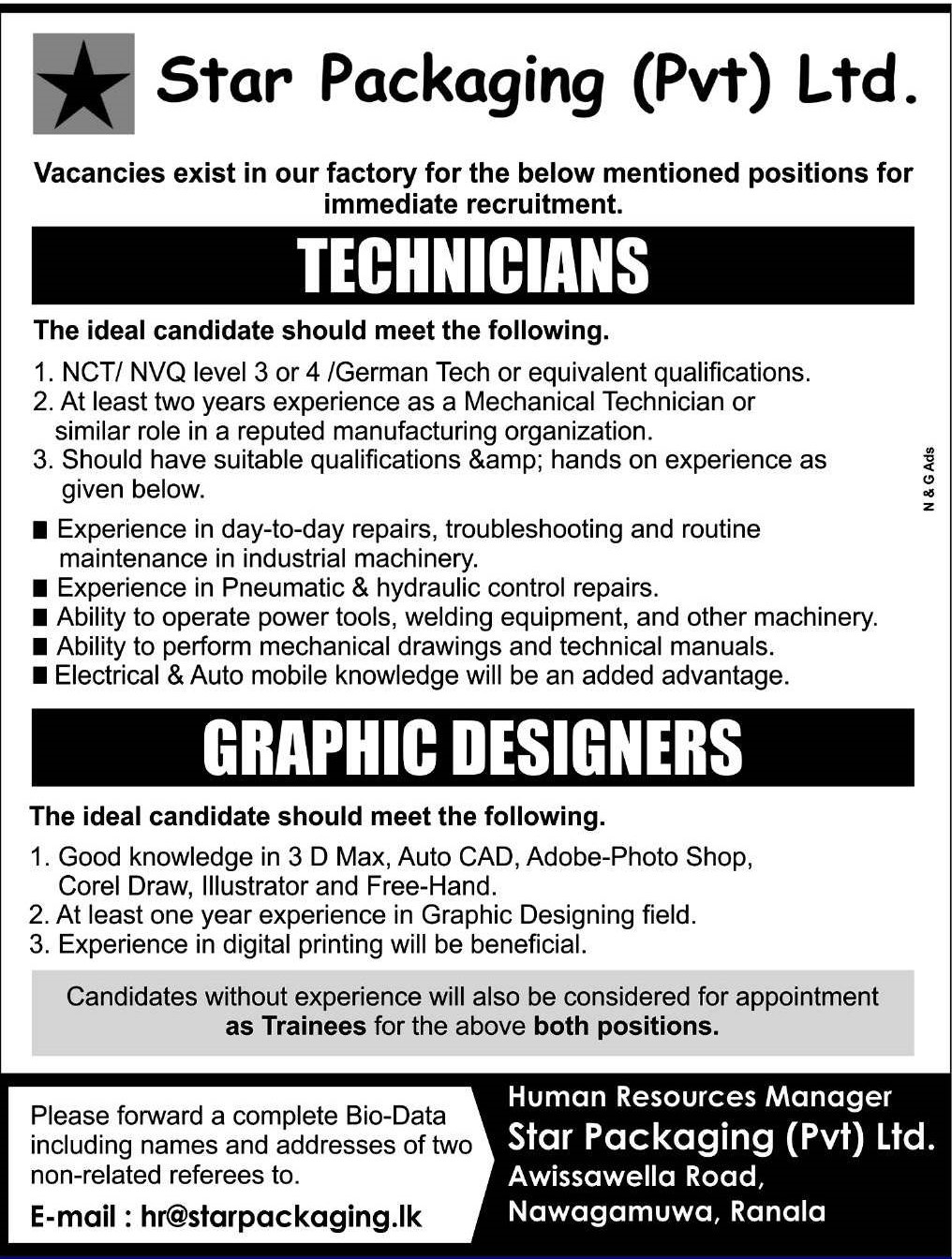Technician, Graphic Designer - Star Packaging (Pvt) Ltd