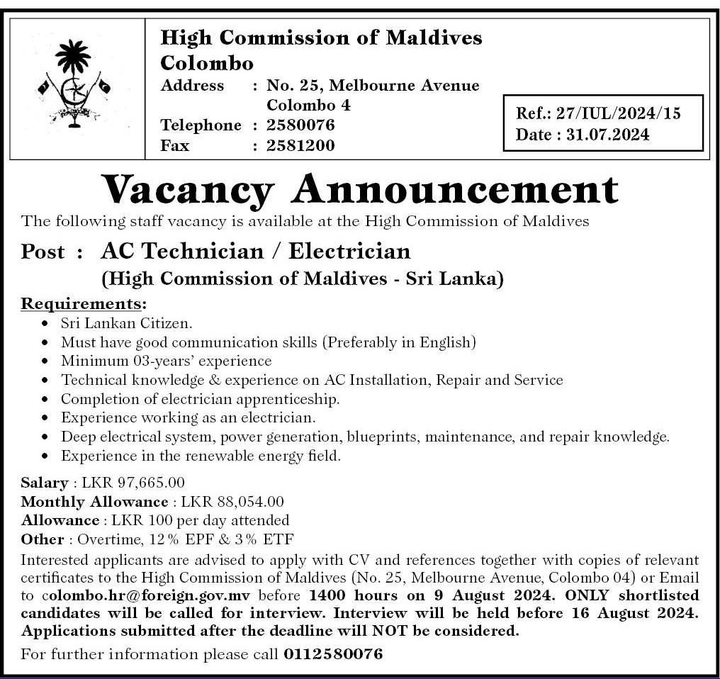 AC Technician, Electrician - High Commission of Maldives