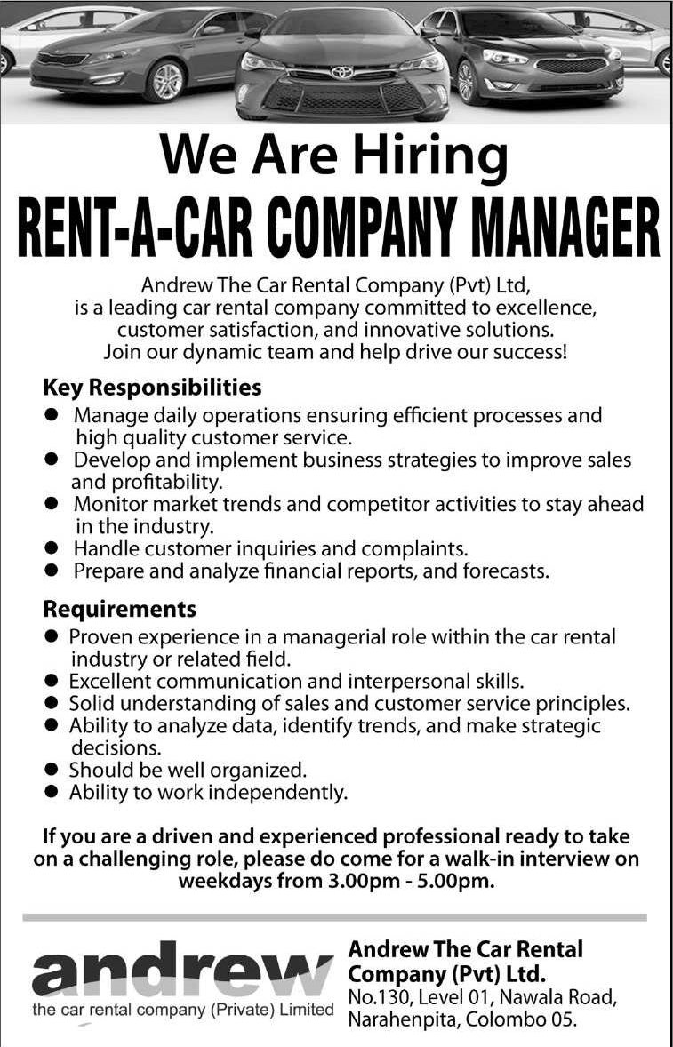 Manager - Andrew The Car Rental Company (Pvt) Ltd