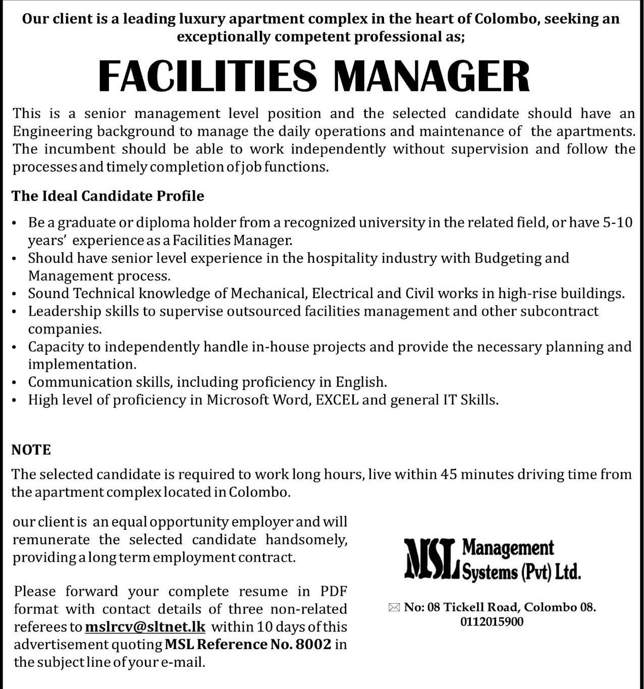 Facilities Manager - Management Systems (Pvt) Ltd