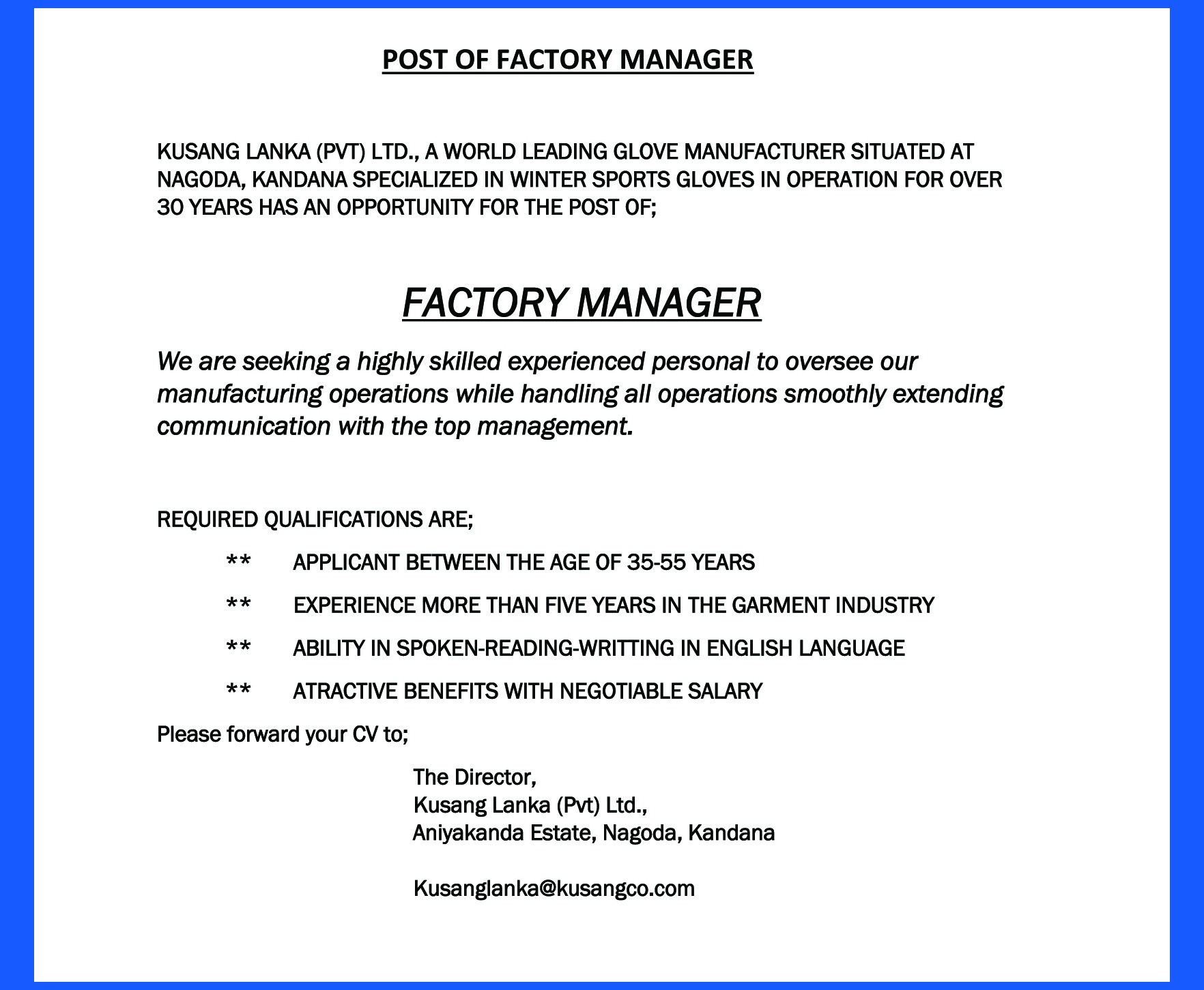 Factory Manager - Kusang Lanka (Pvt) Ltd