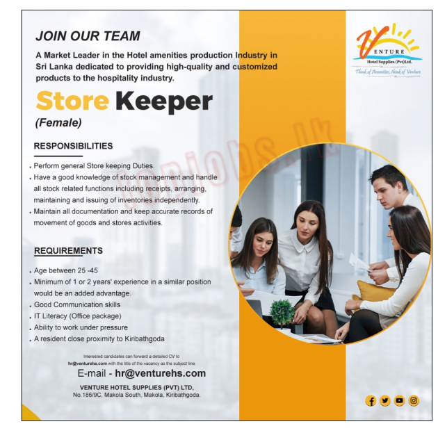 Store Keeper - Venture Hotel Supplies (Pvt) Ltd