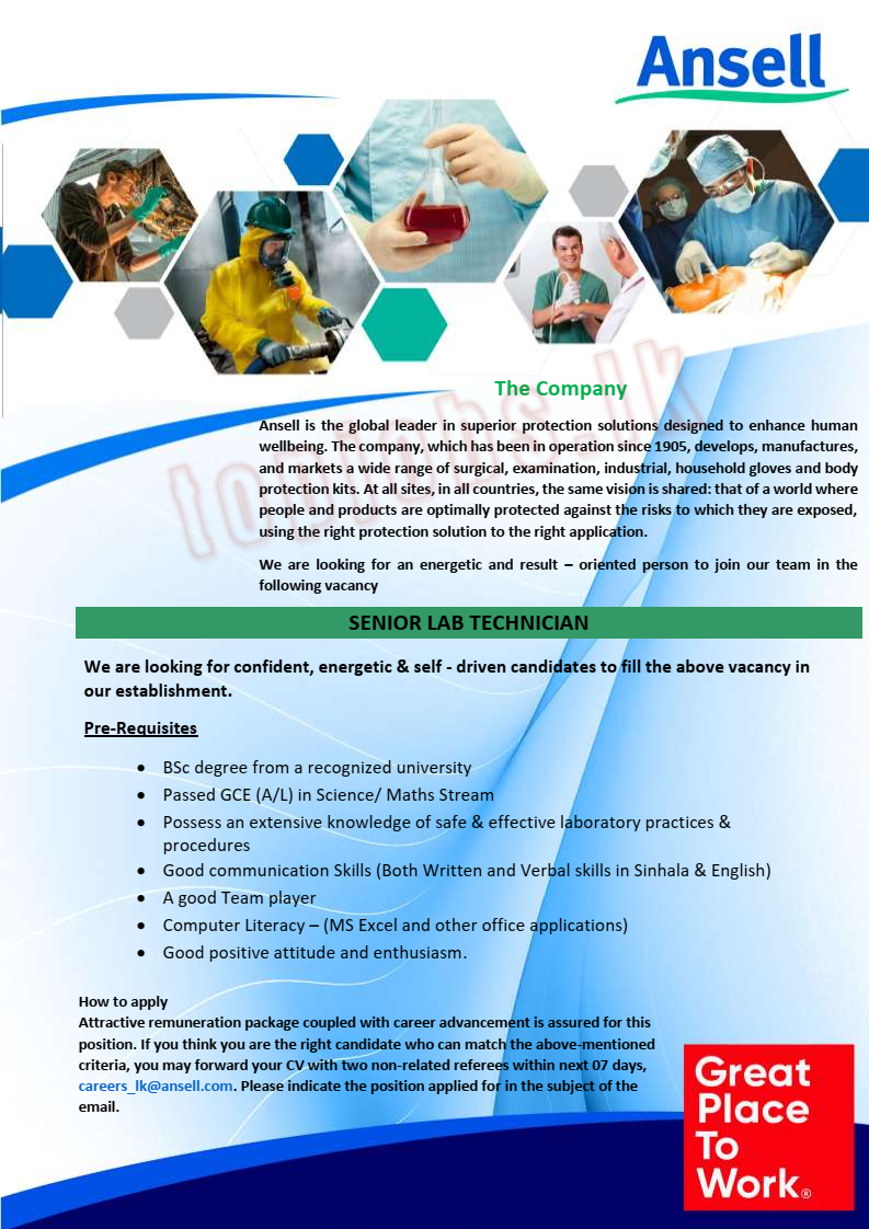 Senior Laboratory Technician - Ansell Lanka (pvt) Ltd