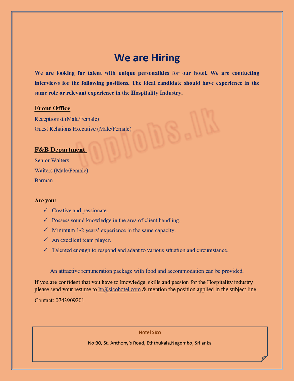 Receptionist, Guest Relation Executive, Senior Waiter - Hotel Sico