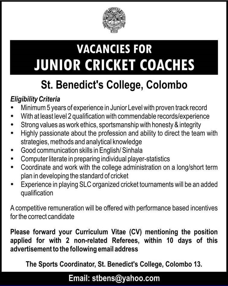 Junior Cricket Coacher - St. Benedict's College