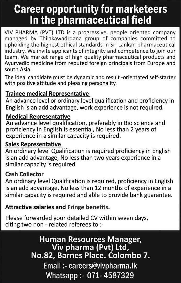 Trainee Medical Representative, Medical Representative - Viv Pharma (Pvt) Ltd