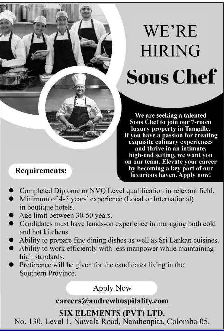 Sous Chef - Six Elements (Pvt) Ltd