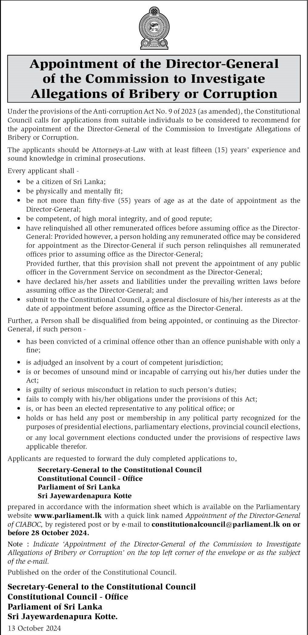 Director General - Commission to Investigate Allegations of Bribery or Corruption