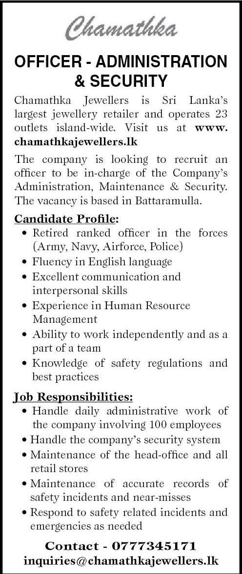 Administration & Security Officer - Chamathka Jewellers