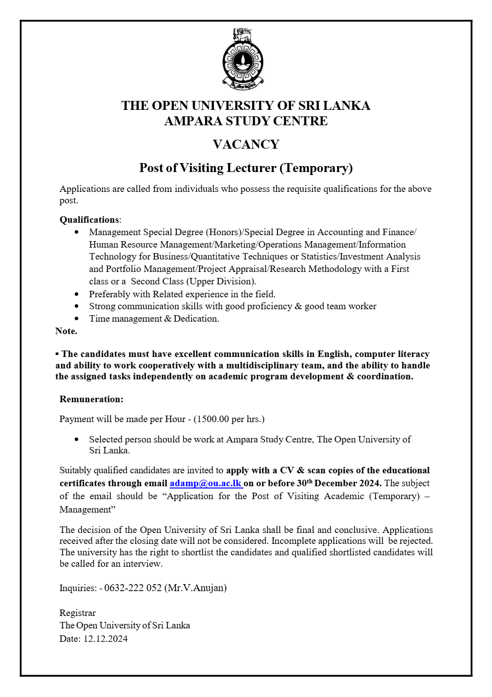 Visiting Lecturer - Open University of Sri Lanka