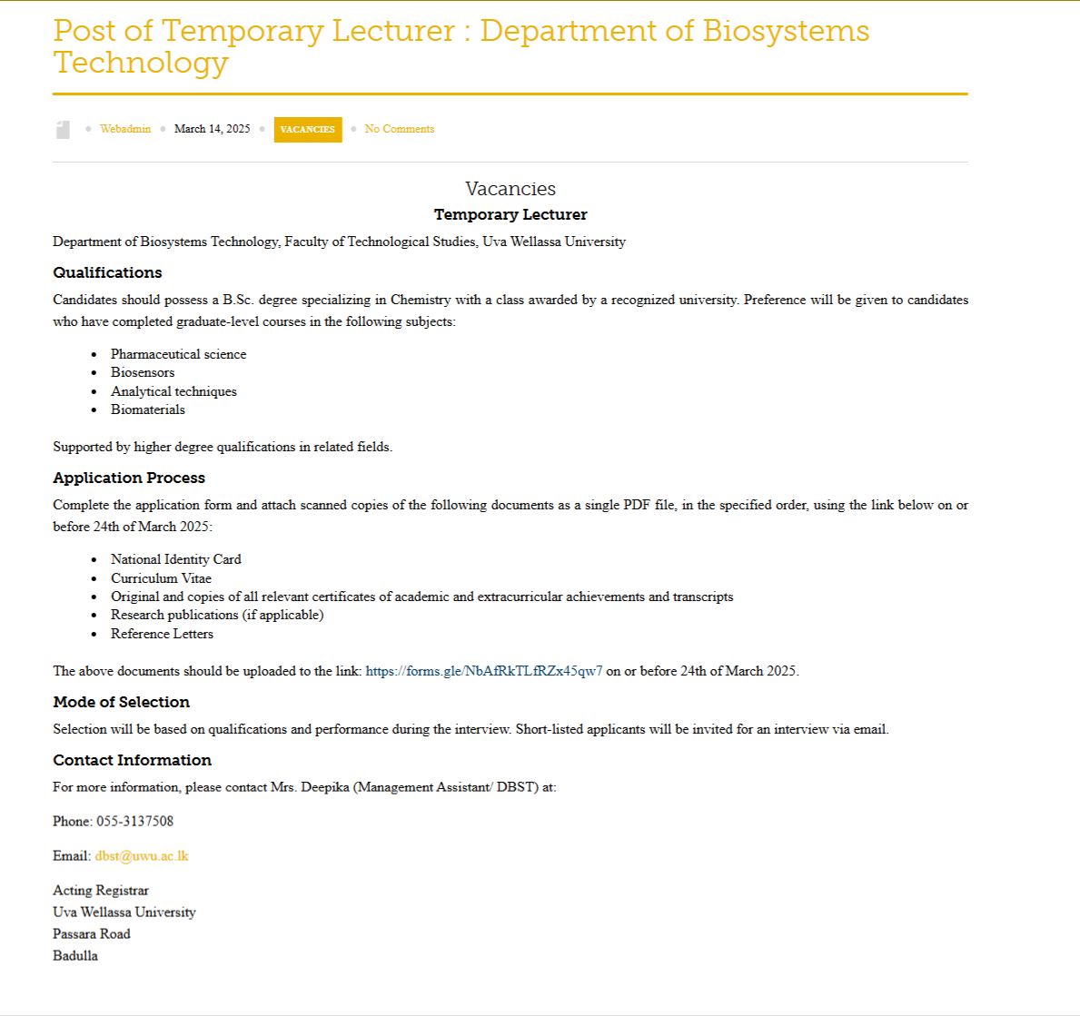 Lecturer - Uva Wellassa University